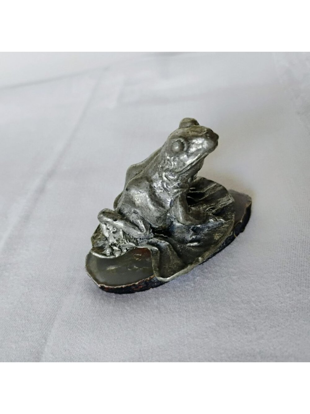 Hand Crafted Pewter Frog Figurine On Polished Agate Stone Base, Animal Sculpture